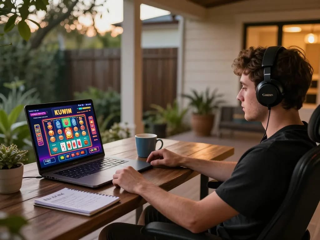 Engaging gameplay on KUWIN online casino shown on a laptop screen with vibrant slot graphics visible.