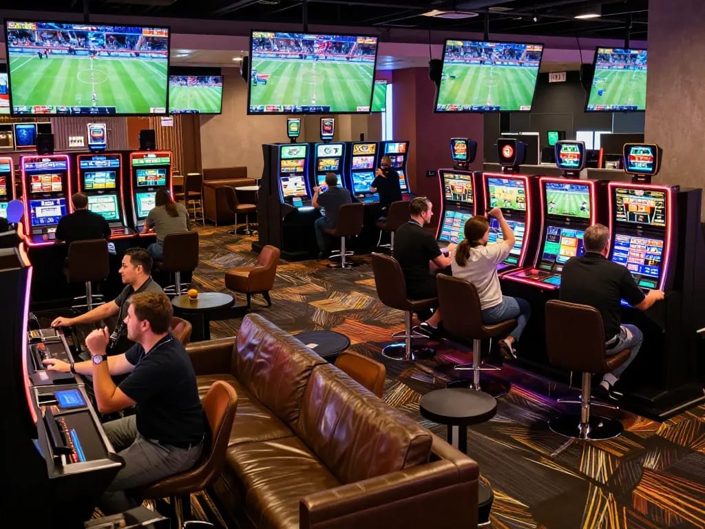sin88 sports betting action in a lively casino lounge with patrons engaged and screens displaying games