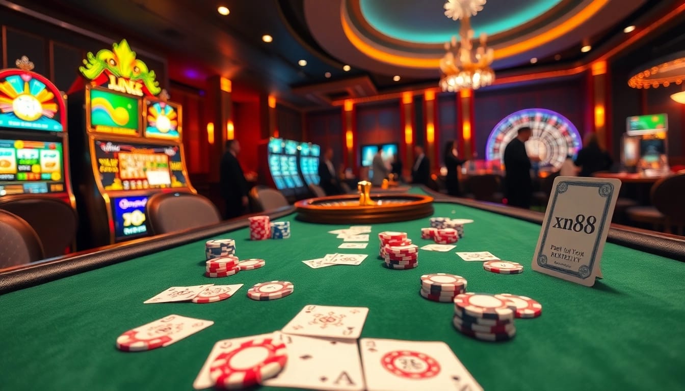 Experience high-stakes poker at xn88 with vibrant chips, glowing slots, and a thrilling casino atmosphere.