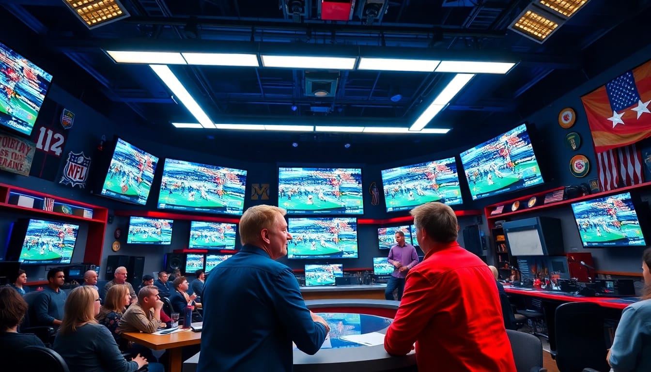 Engaging sports broadcasting scene with dynamic hosts in a lively studio setup.