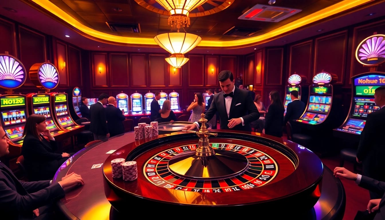 Players engaging with excited focus at a luxurious nohu90 casino table with vibrant slot machines.
