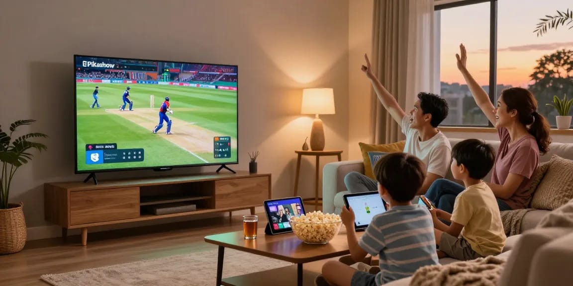 Pikashow APK download family watching live cricket on smart TV together at home.