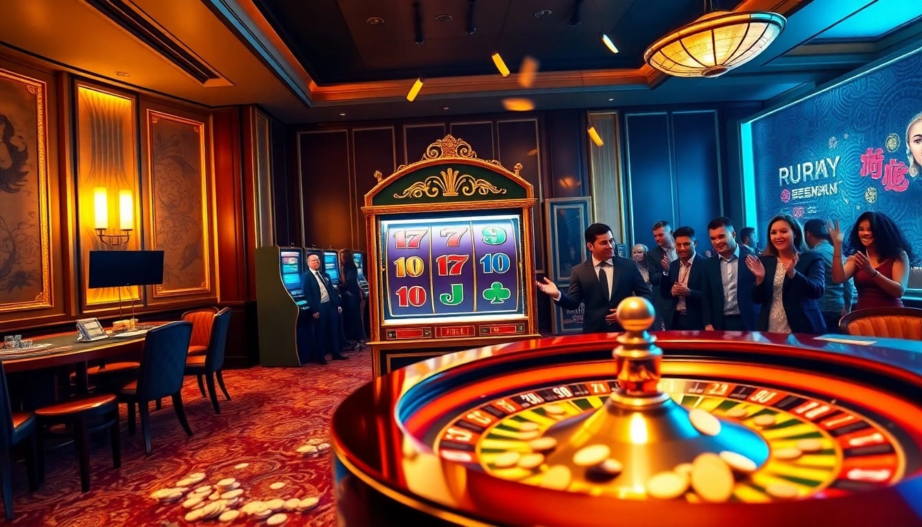 Experience nổ hũ excitement at a luxurious casino scene showcasing thrilling slot machines and vibrant players.