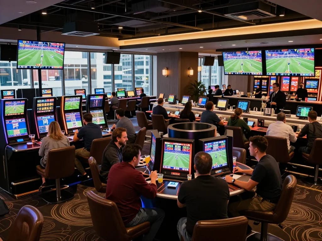 Tỷ lệ kèo nhà cái hôm nay displayed on multiple screens in a vibrant sports betting lounge.