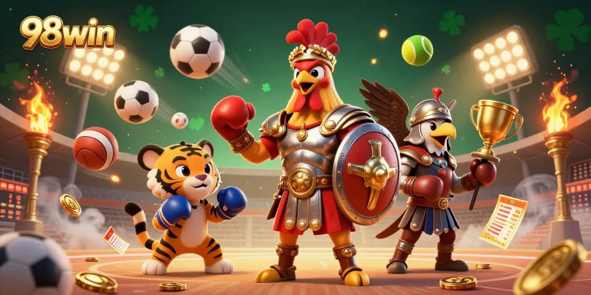 Engage with thrilling bets at 98win, featuring a cartoon rooster, boxing, and exciting sports elements.