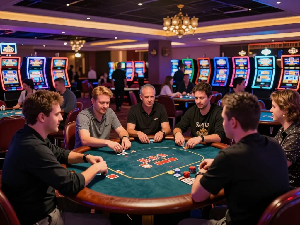 Players engaging in high-stakes poker at FUN79's luxurious casino, vibrant atmosphere and stylish decor