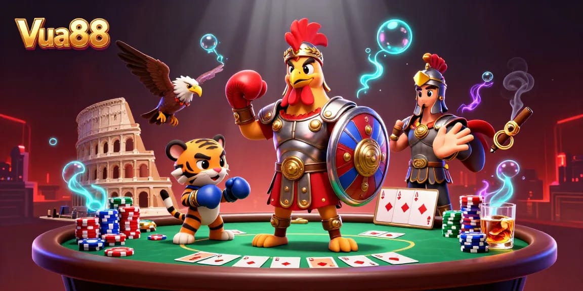 Engage in thrilling gameplay at Vua88 with a vibrant 3D casino scene featuring championship poker elements.