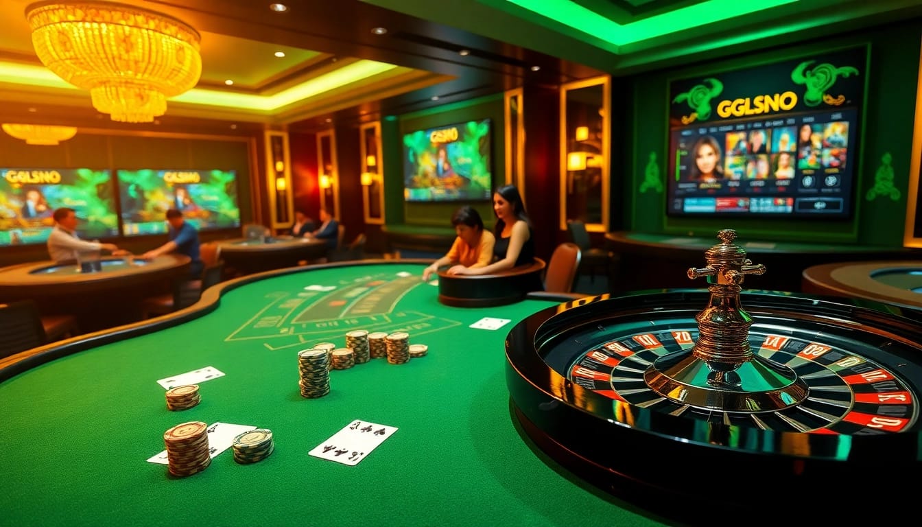 Engage with GG88 gaming excitement at a luxurious casino table featuring vibrant chips and cards.