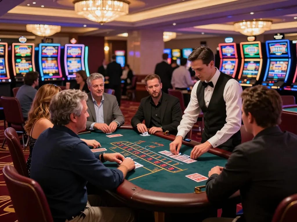 KO66 thrilling blackjack action with players engaged at an elegant casino table, dynamic gameplay atmosphere.
