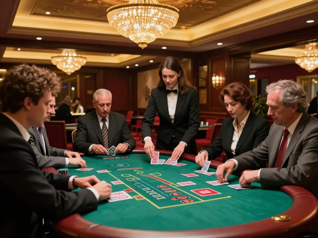 Players strategizing at ABC999 casino blackjack tables in an upscale setting.