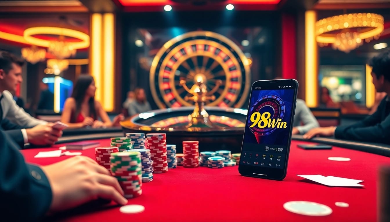 Experience high-stakes play with 98Win's vibrant casino scene featuring poker chips and cards.
