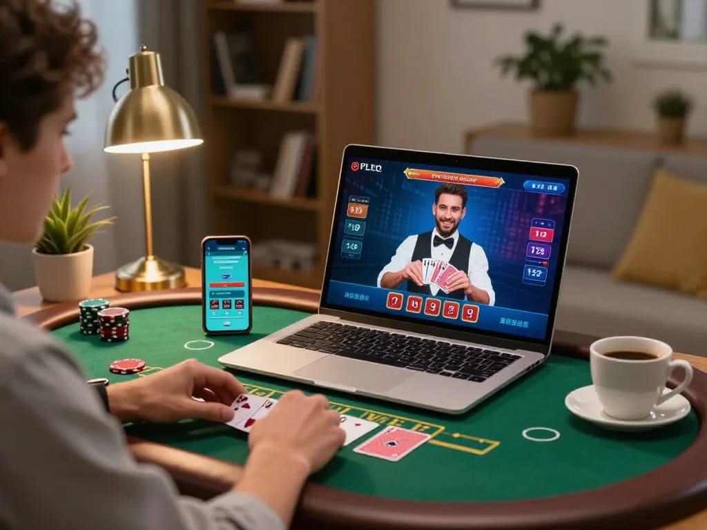 Engaging with bu88 live blackjack online, captures strategic gameplay at home with a cozy atmosphere.