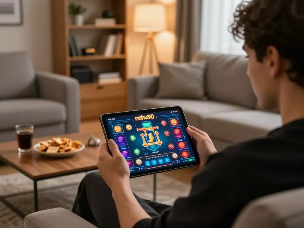 Person using nohu90 casino app on tablet during a cozy home gaming session.