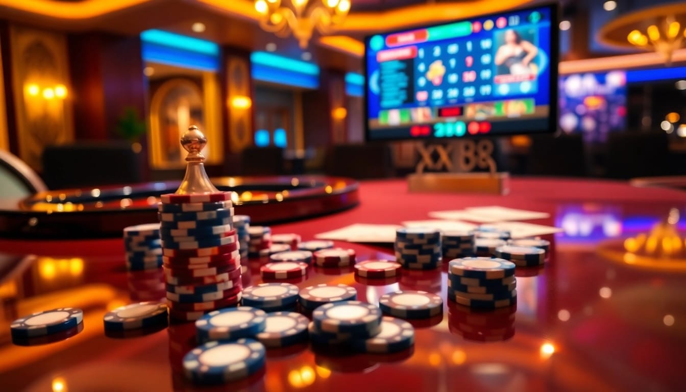 Experience high-stakes gaming at xx88 with vibrant poker chips and an elegant casino table.