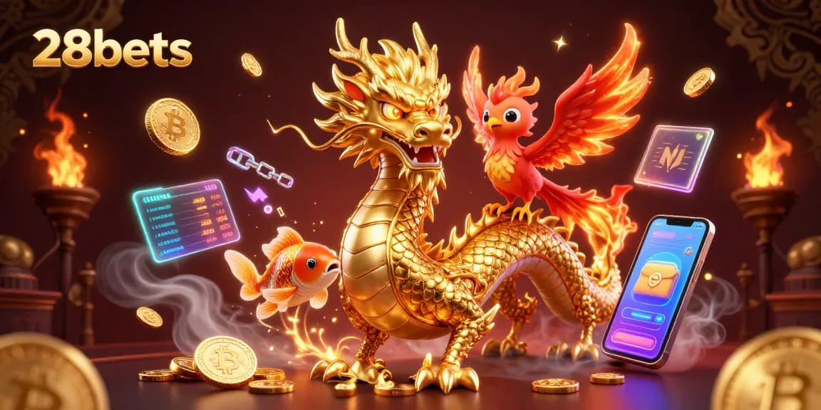 Bet on exhilarating moments at 28bets with a golden dragon, phoenix, and koi fish amidst a wealth of coins.