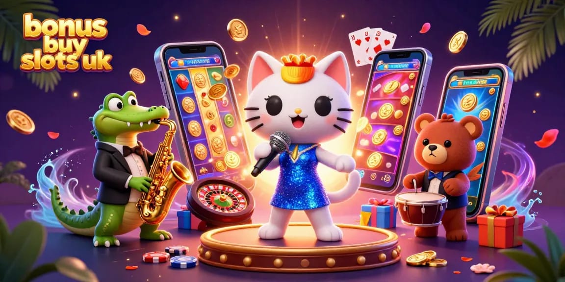 Experience the thrill of bonus buy slots uk in this vibrant casino scene with colorful characters and exciting game elements.