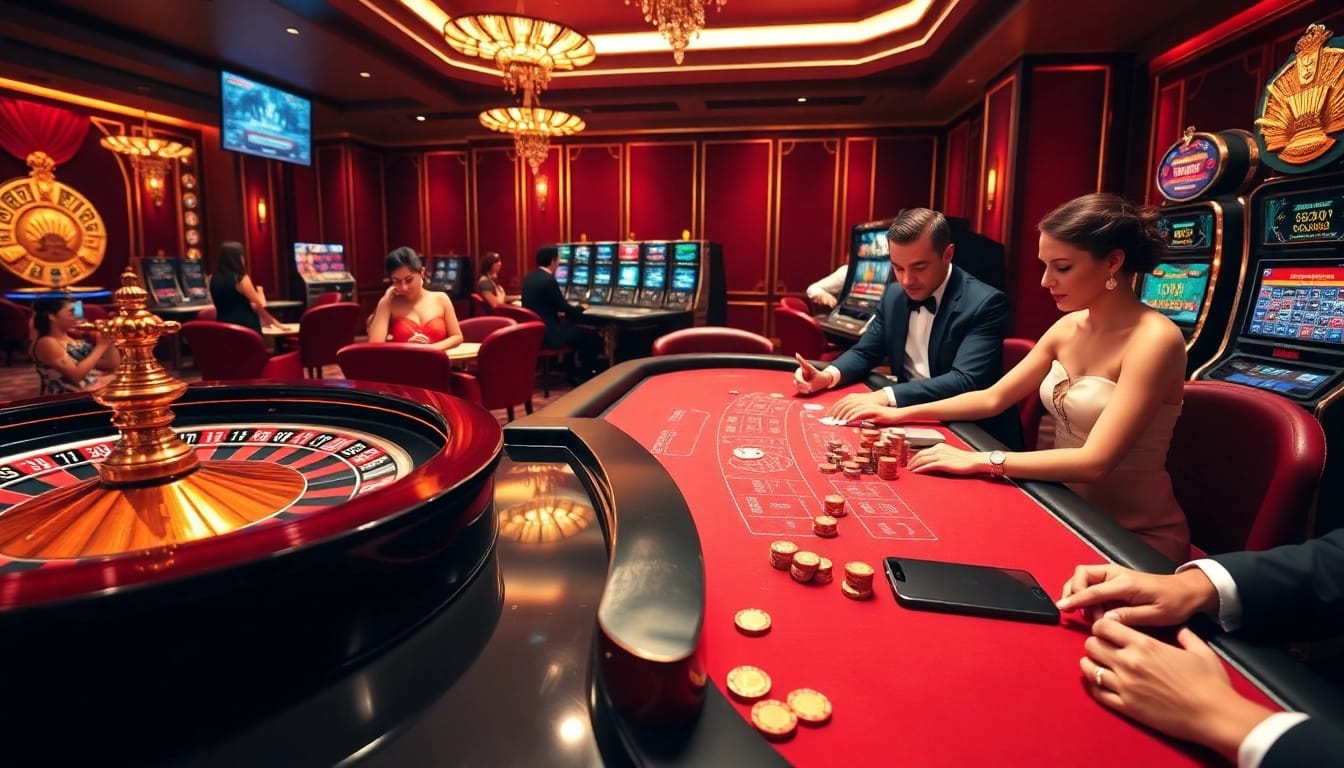 Players enjoying exciting games at 88vv casino, featuring roulette, poker, and slots in a luxurious atmosphere.