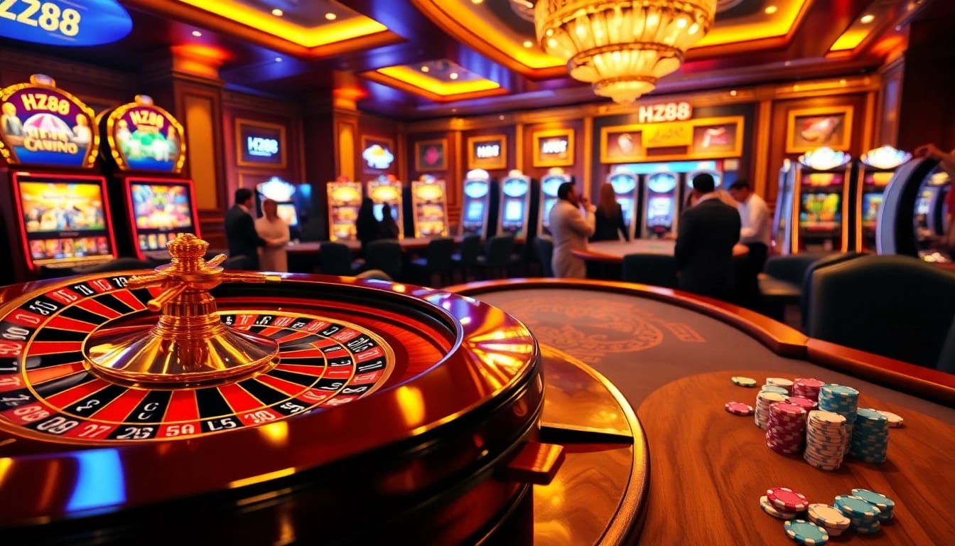 Engaging scene featuring HZ88 poker chips and roulette at a lively casino table.