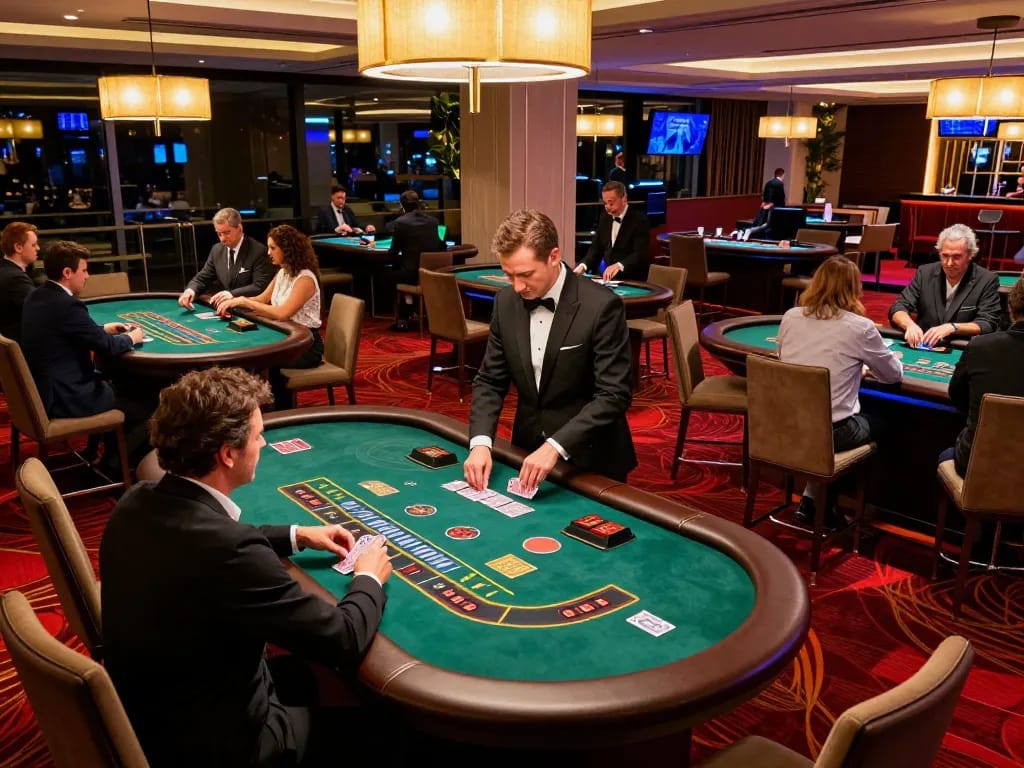 U888 players calculating strategies at blackjack tables in a luxurious casino setting