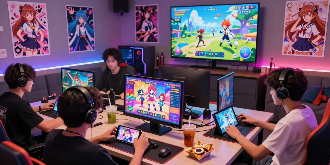 Engaging scene from an ecchi simulator showing players customizing characters and enjoying gameplay on various devices in a vibrant gaming lounge.