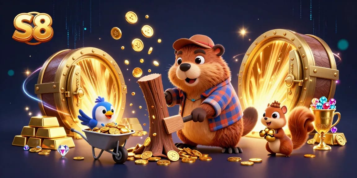 Engage with S8's thrilling gameplay through gold coins raining from a beaver's tree, surrounded by casino treasures.
