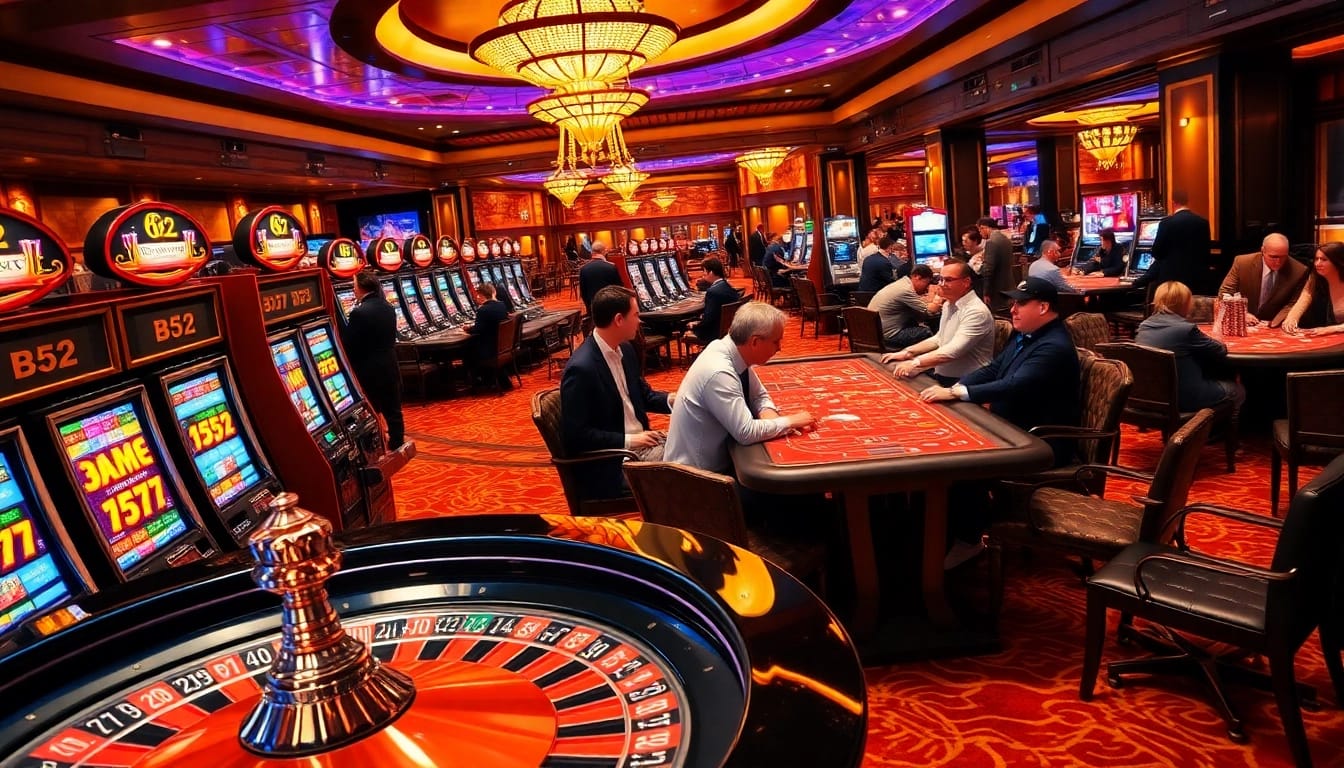 Players enjoying B52 slots and poker at a luxurious casino table.