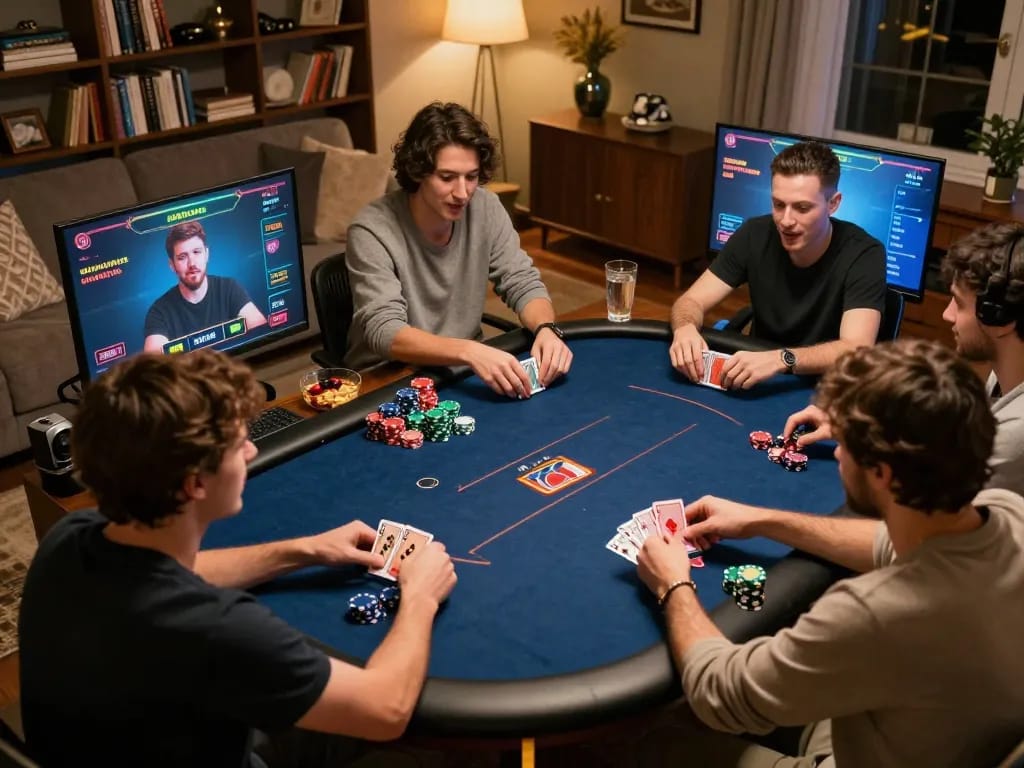 Players engage in an exciting online poker game with 99ok, showcasing strategic gameplay in a cozy setting.