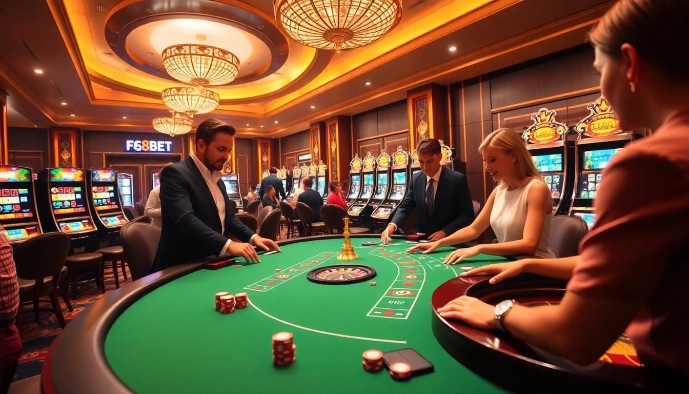 F8BET casino scene featuring dealers and vibrant game tables