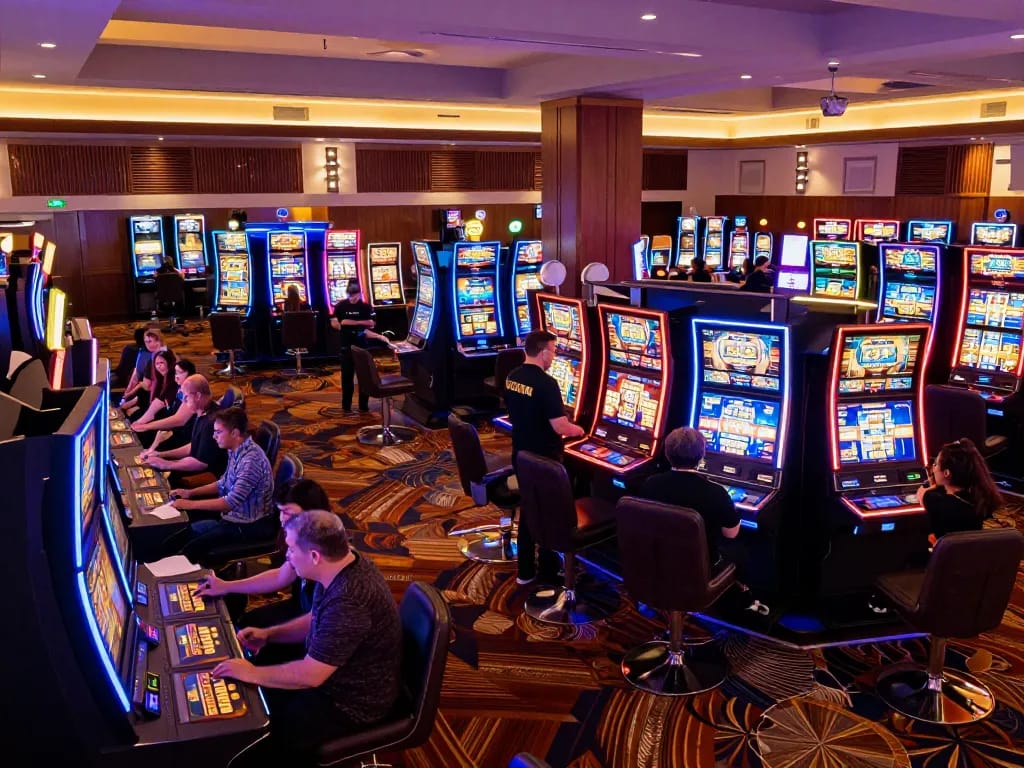 Players enjoying vibrant qq88 slot machines, showcasing excitement and entertainment in a modern casino