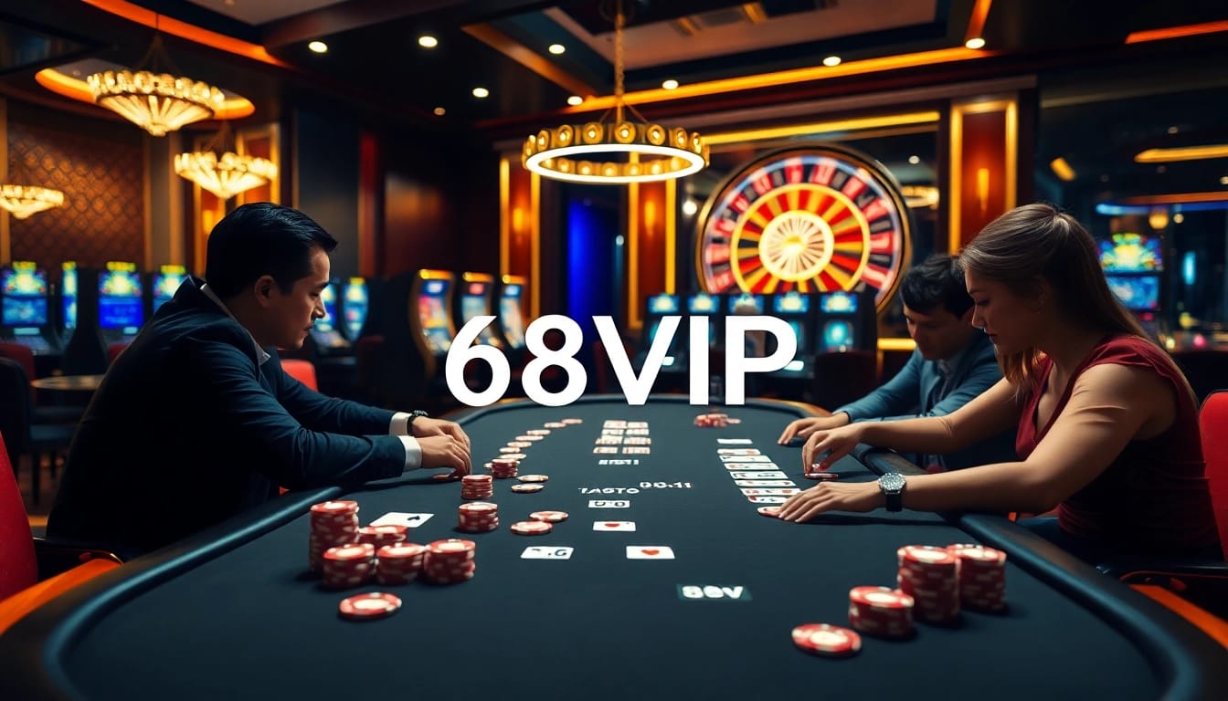 Enjoy thrilling poker action at 68VIP, featuring vibrant chips and expert gameplay in a luxurious casino setting.