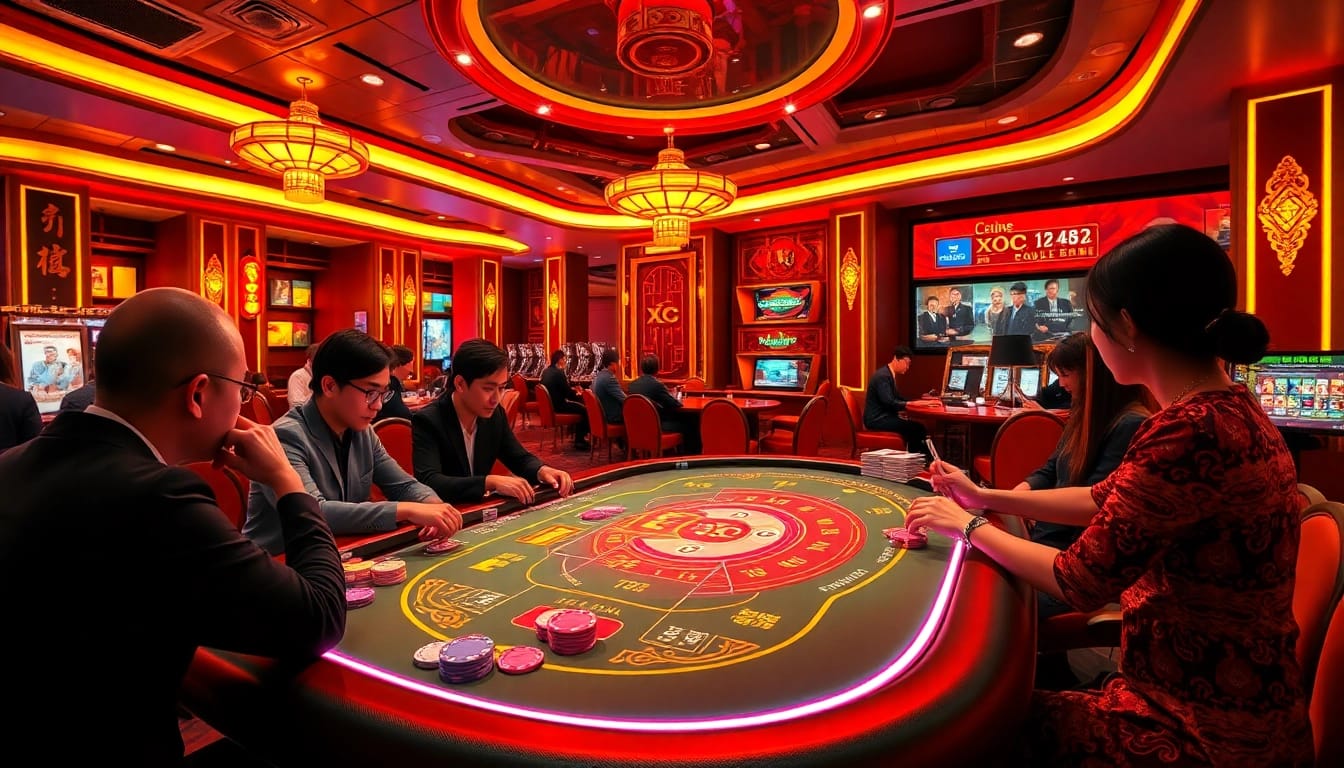 Xóc đĩa online offering an engaging casino experience with vibrant colors and excited players.