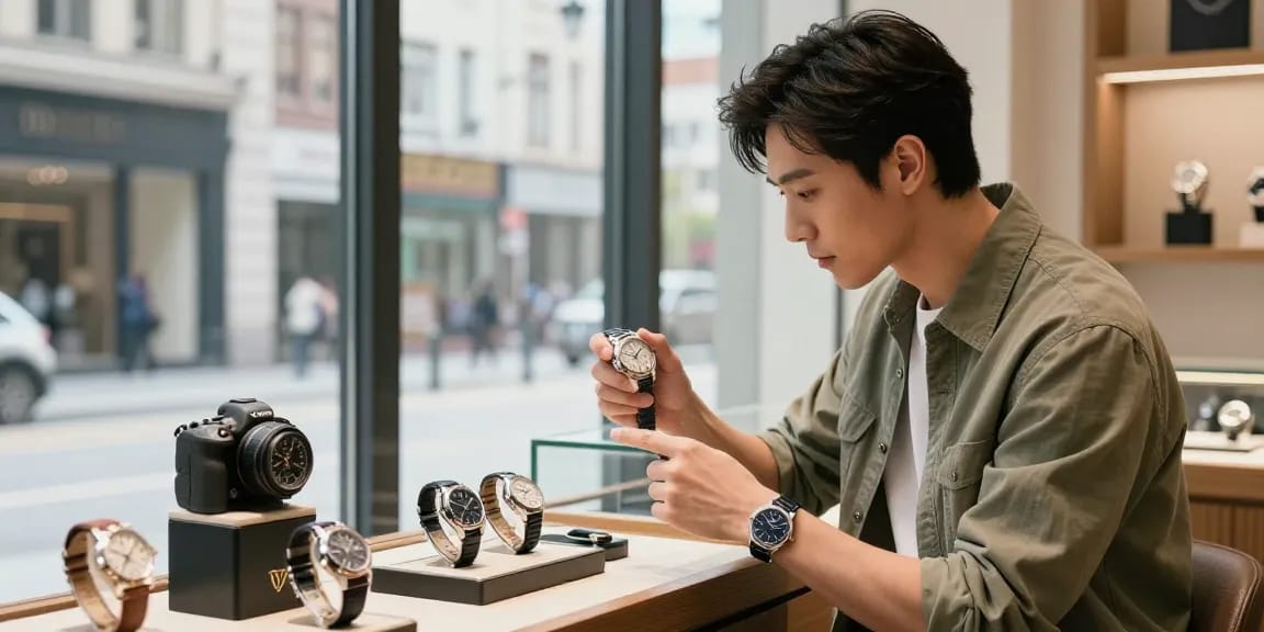Man exploring premium replica watches in an upscale boutique, showcasing luxury craftsmanship.