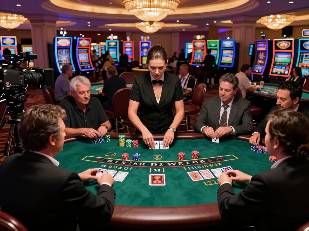 Experience the thrill of TR88 blackjack, with players strategizing at a vibrant casino table.
