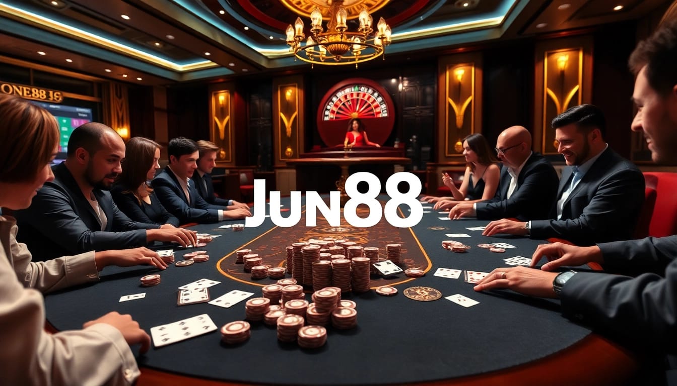 Players celebrating a win at Jun88's high-stakes poker table in an elegant casino.
