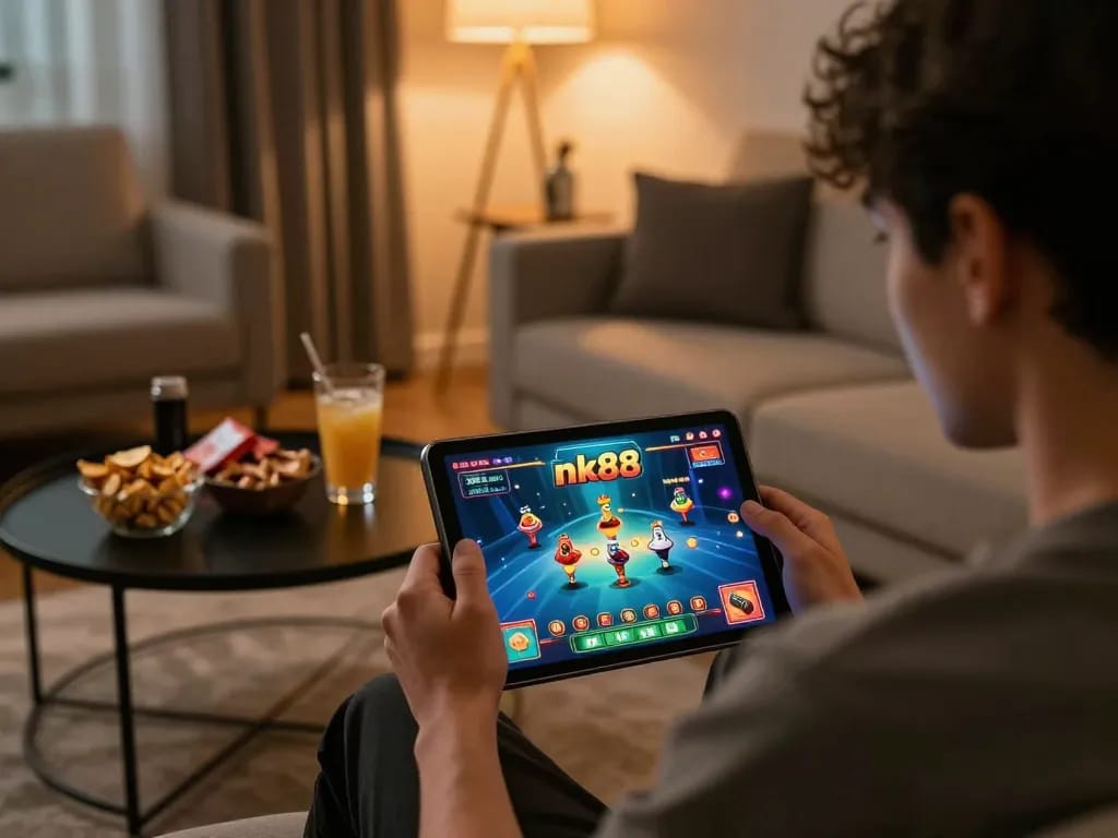 Player engaging with nk88 online casino game on tablet in cozy living room environment