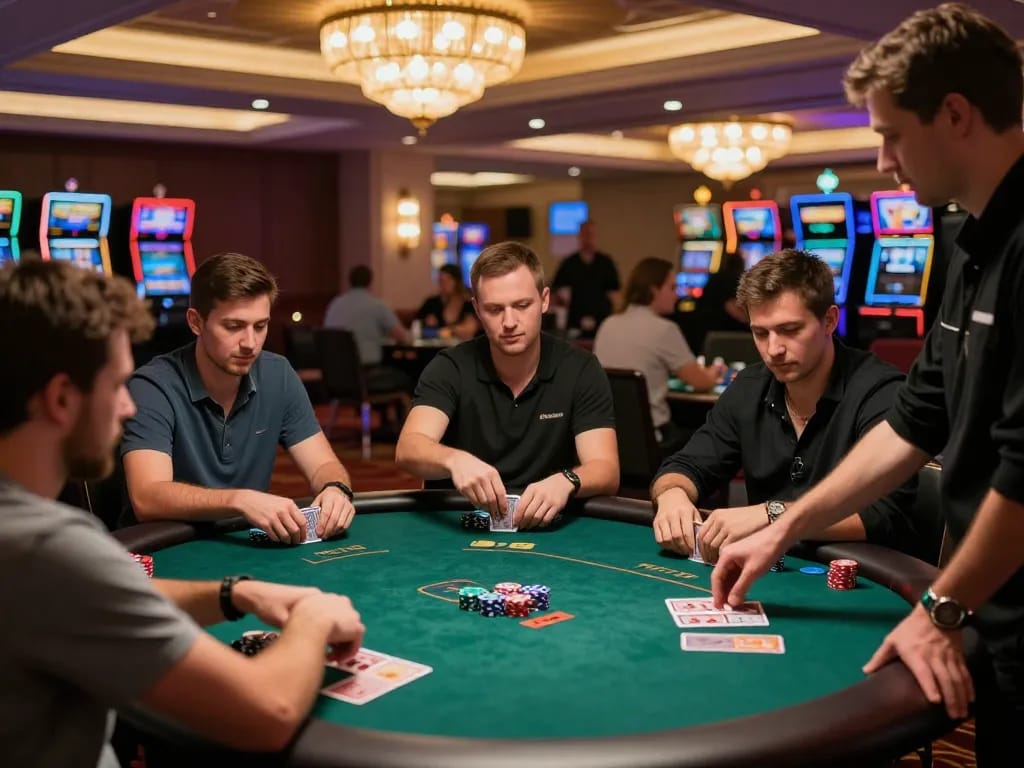 Engaging players at a high-stakes poker game in an upscale casino, capturing the mb66 atmosphere of strategic gameplay.