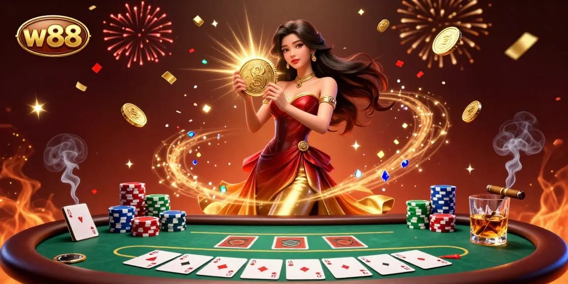 w88 captures the excitement of high-stakes poker with a stunning Asian woman and showering coins during gameplay.