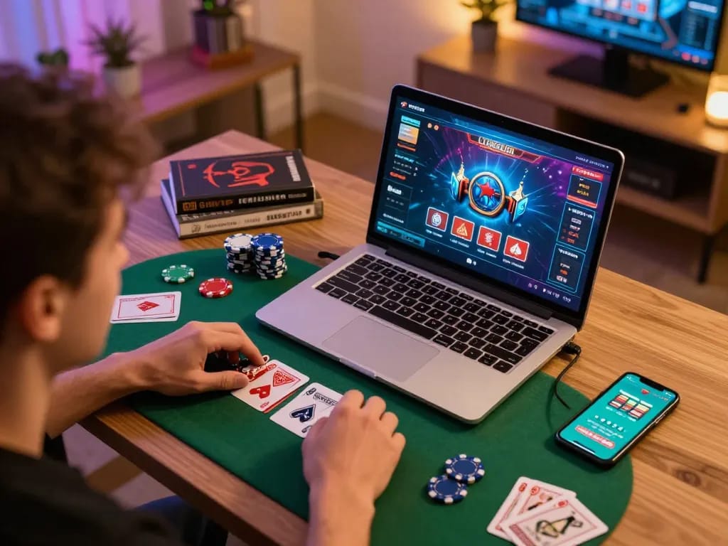 Player enjoying a strategic session of 23Win casino games at home with friends.