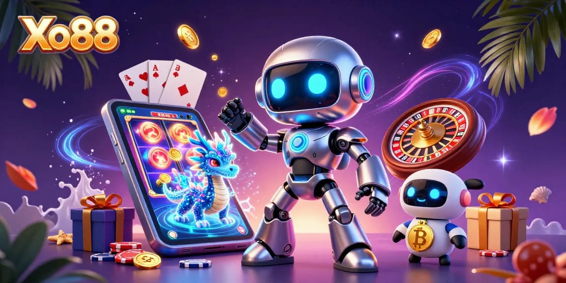 Xo88 offers an exciting casino experience with a 3D robot mascot, slot games, and neon elements.