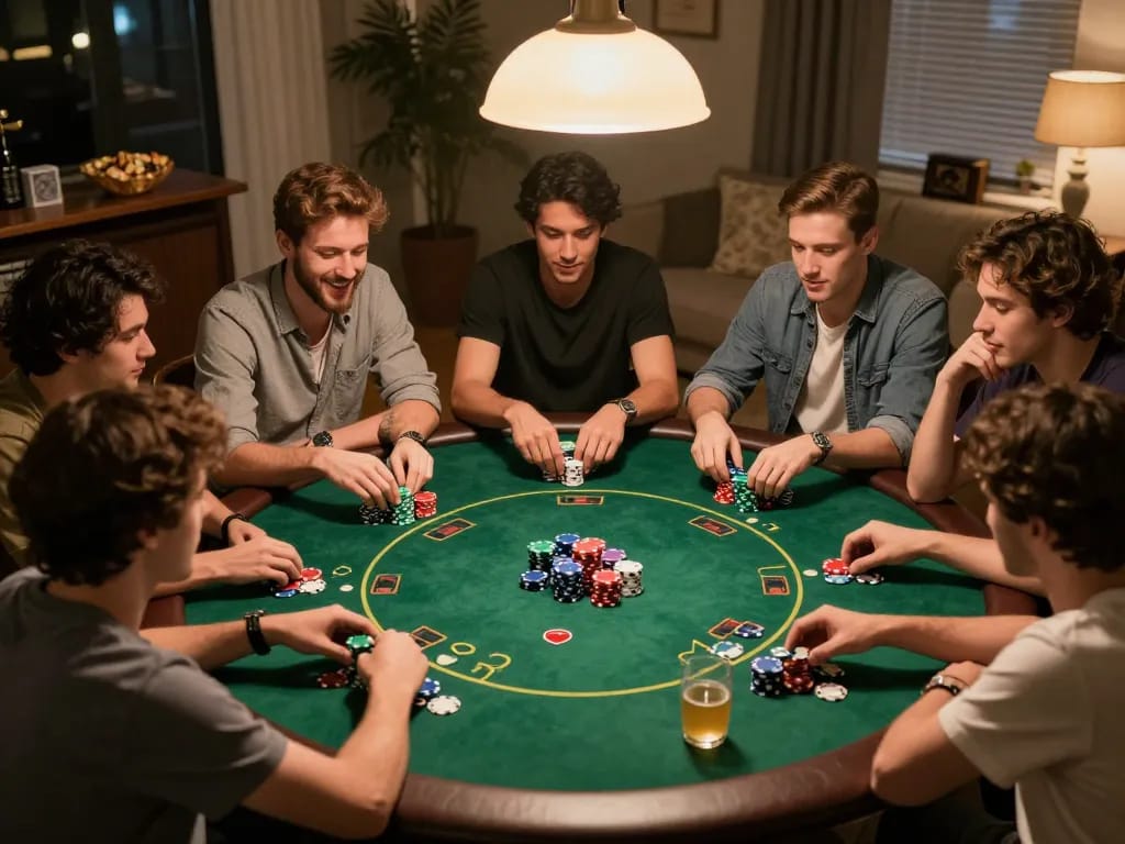 Players enjoying an exciting poker night at home, showcasing lc88 gaming strategy in a social setting.