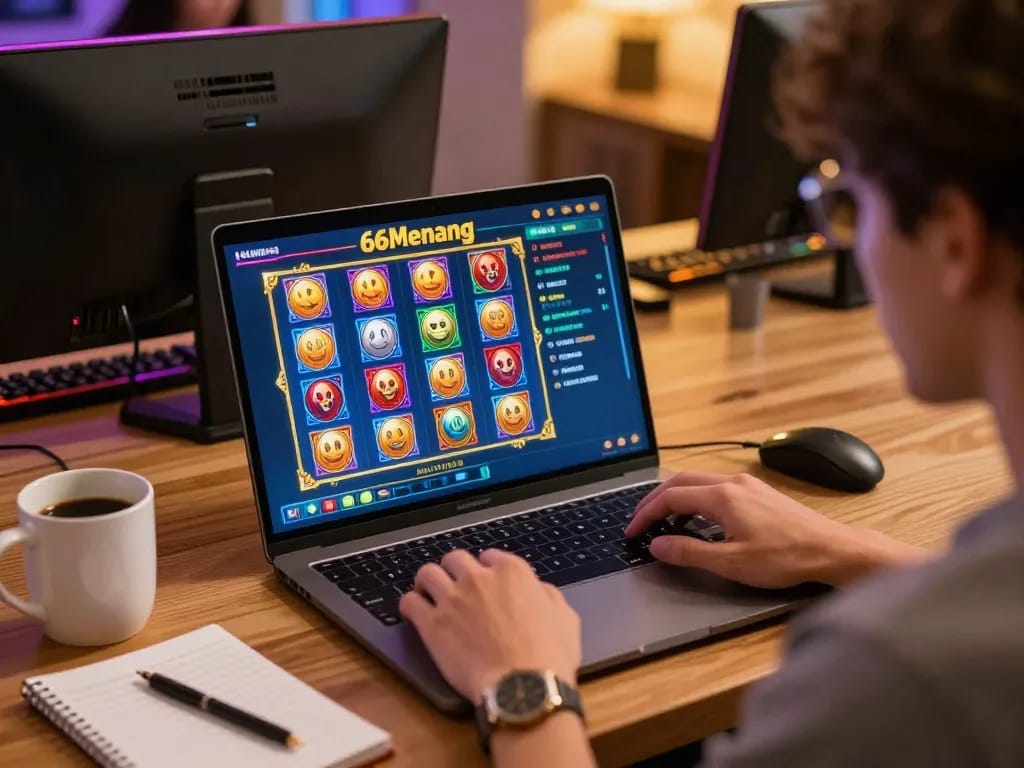 Pemain berinteraksi dengan permainan slot online 66menang di laptop, menekankan permainan strategis dan pengalaman pengguna.
