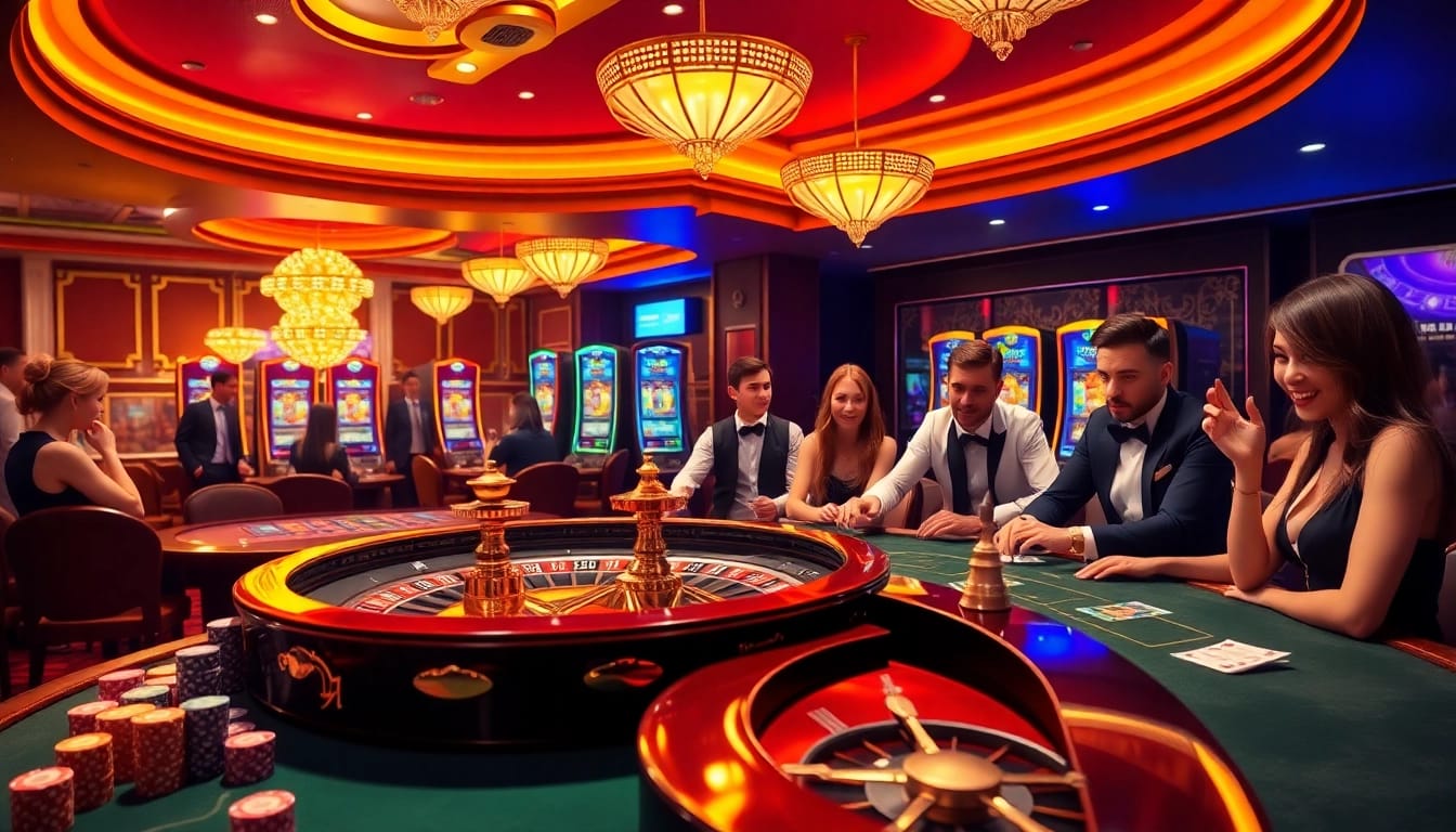 Players engaging in thrilling casino games at newphim themed casino, full of vibrant atmosphere.