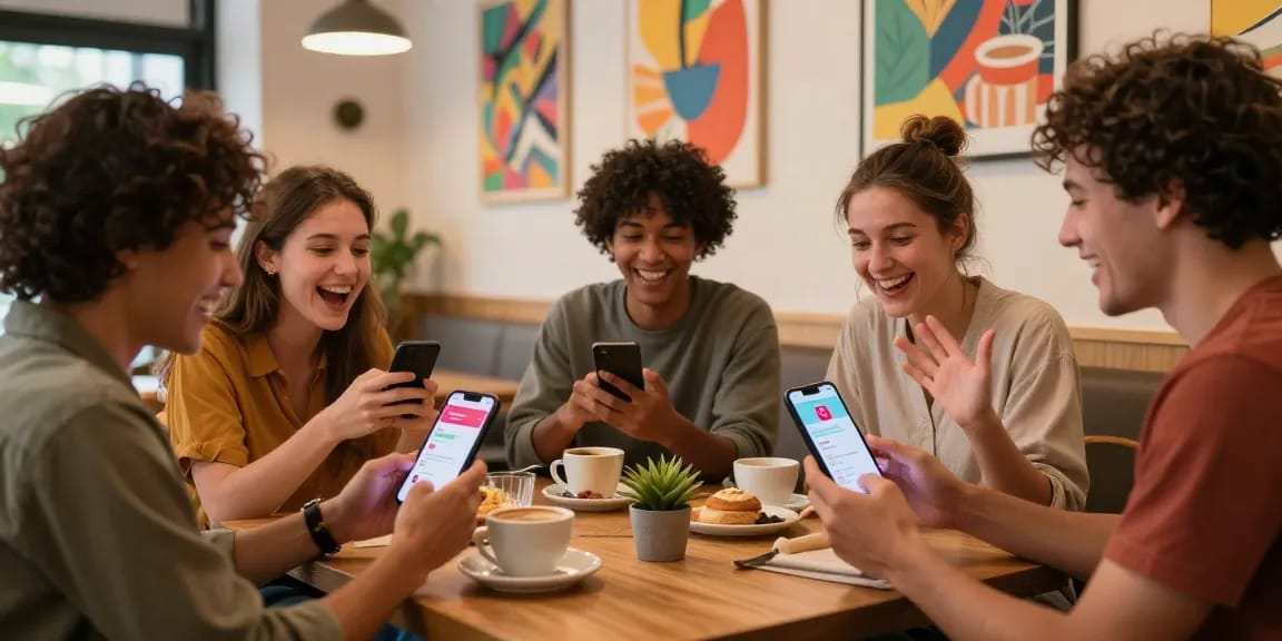 Friends enjoying spicy chat in a lively cafe with smartphones and laughter.