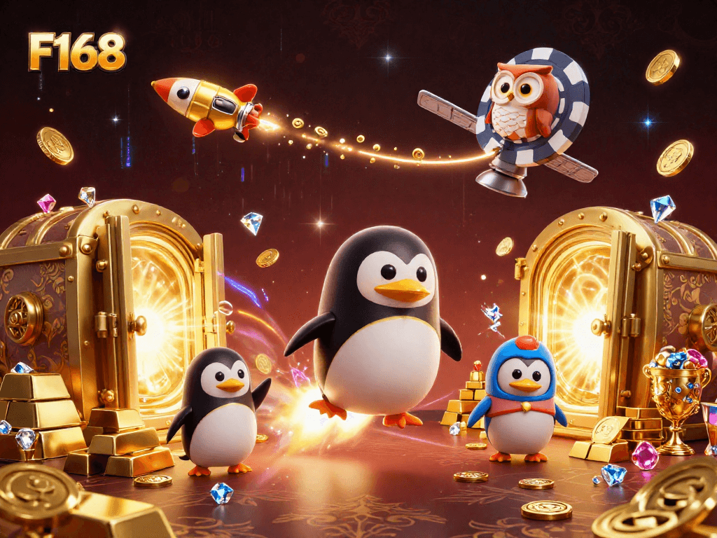 Join the gold rush at F168 with a rocket-powered penguin and an epic casino adventure!