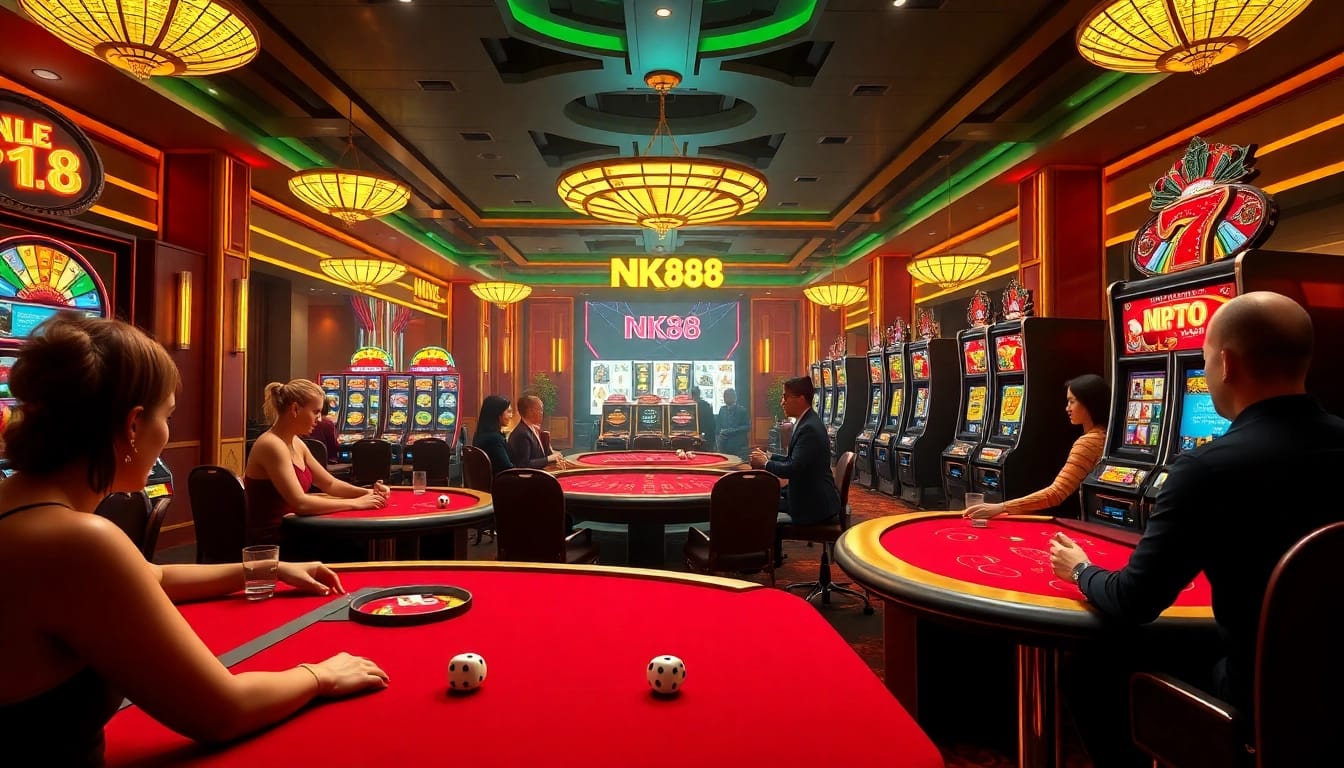Players enjoying an exciting game at nk88 casino with vibrant tables and slot machines.