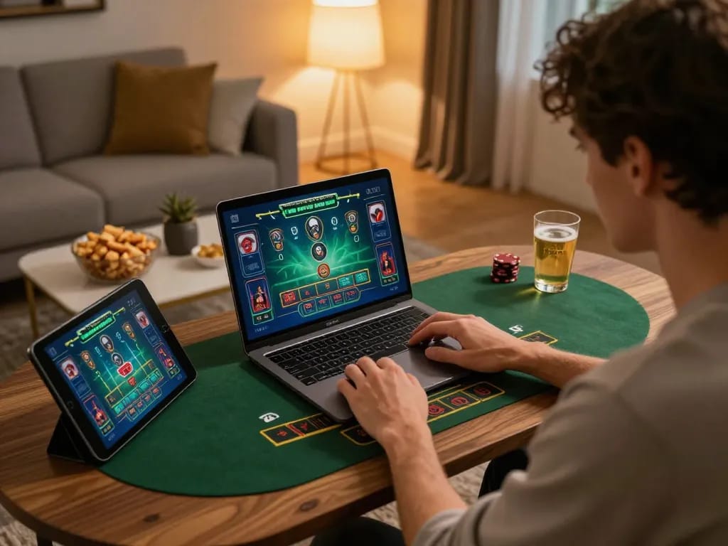 Engaging scene showing 78win online gaming with a person playing blackjack on a laptop