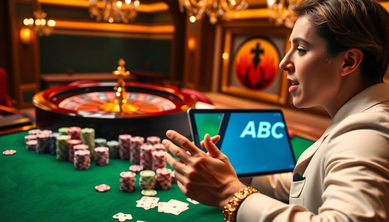 Engaging scene of gambling excitement at ABC8 casino with chips and roulette wheel.