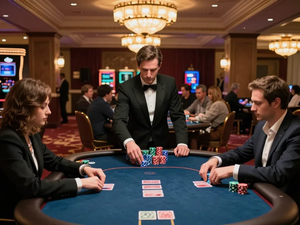 Players engage in high-stakes poker at a RED88 casino table, showcasing strategy and intensity.