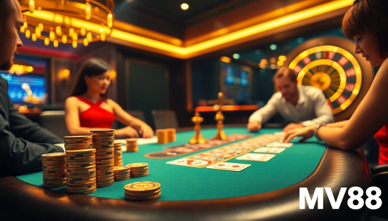 Experience luxury gaming with MV88 at an exciting poker table scene.