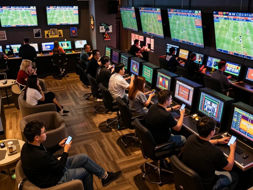 MAY88 enthusiasts engaged in live sports betting, vibrant lounge atmosphere with multiple screens.